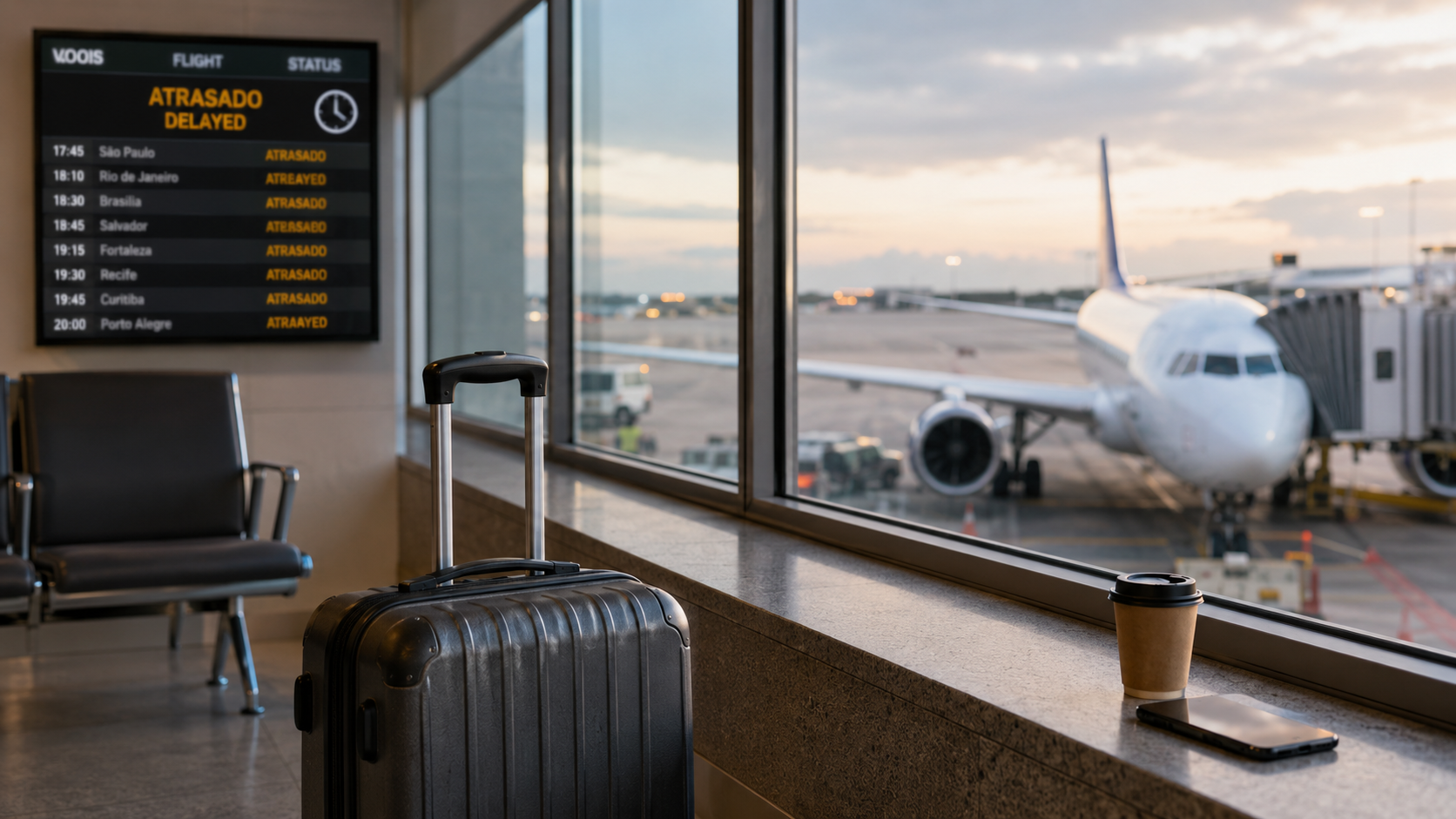 Passageira consultando painel do aeroporto após atraso de voo