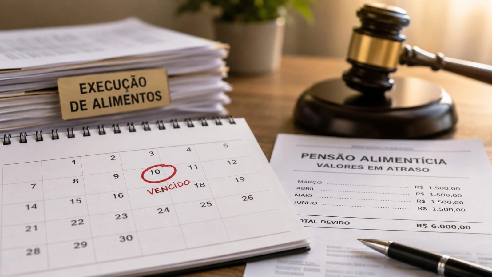 Documentos e calendário representando pensão alimentícia atrasada e cobrança judicial.